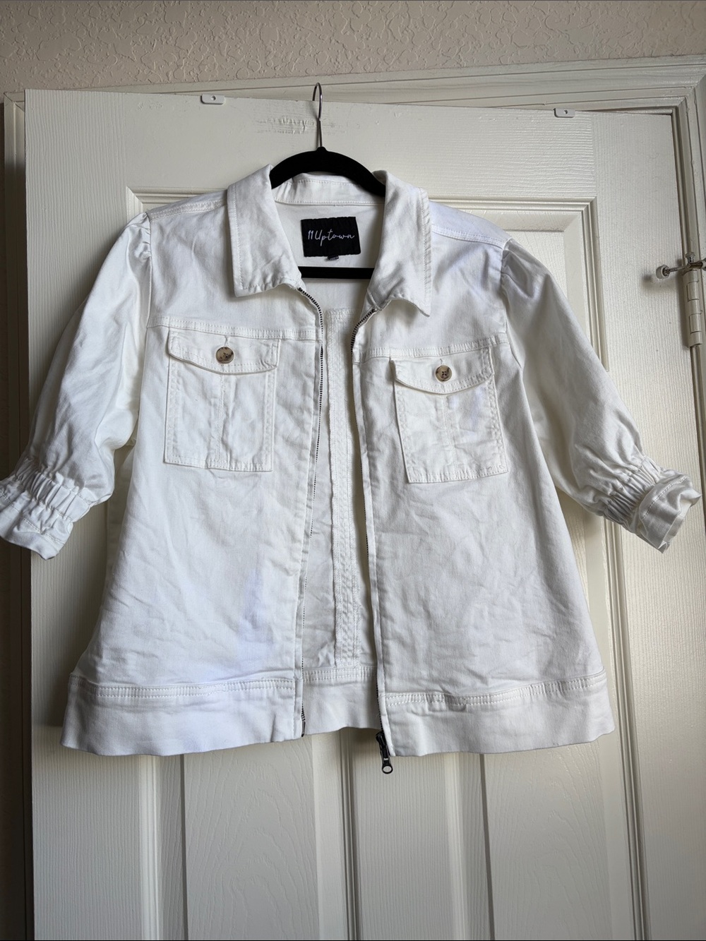 Uptown  Zip-Front Short Sleeved Jean Jacket with Button Flap Pockets
